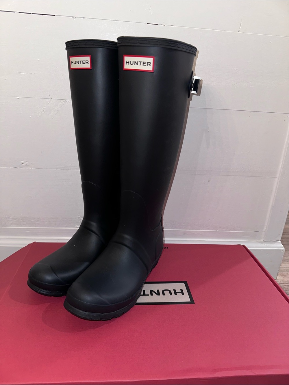 Hunter Tall Black Rain Boots with Red Logo